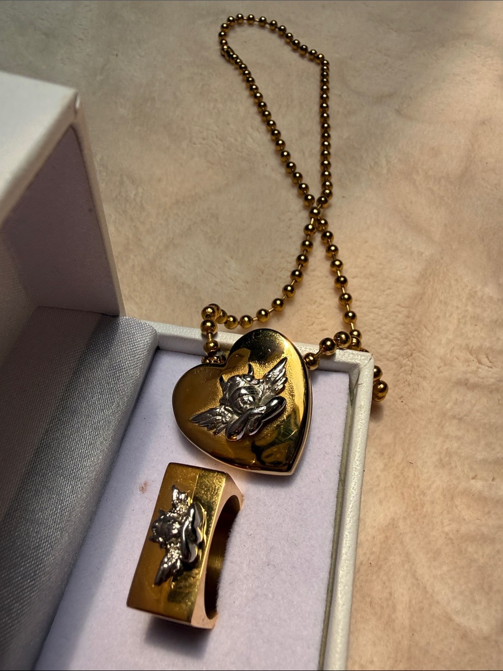 Boys Lie Gold Heart Necklace and Matching Ring with Silver Angel Detail